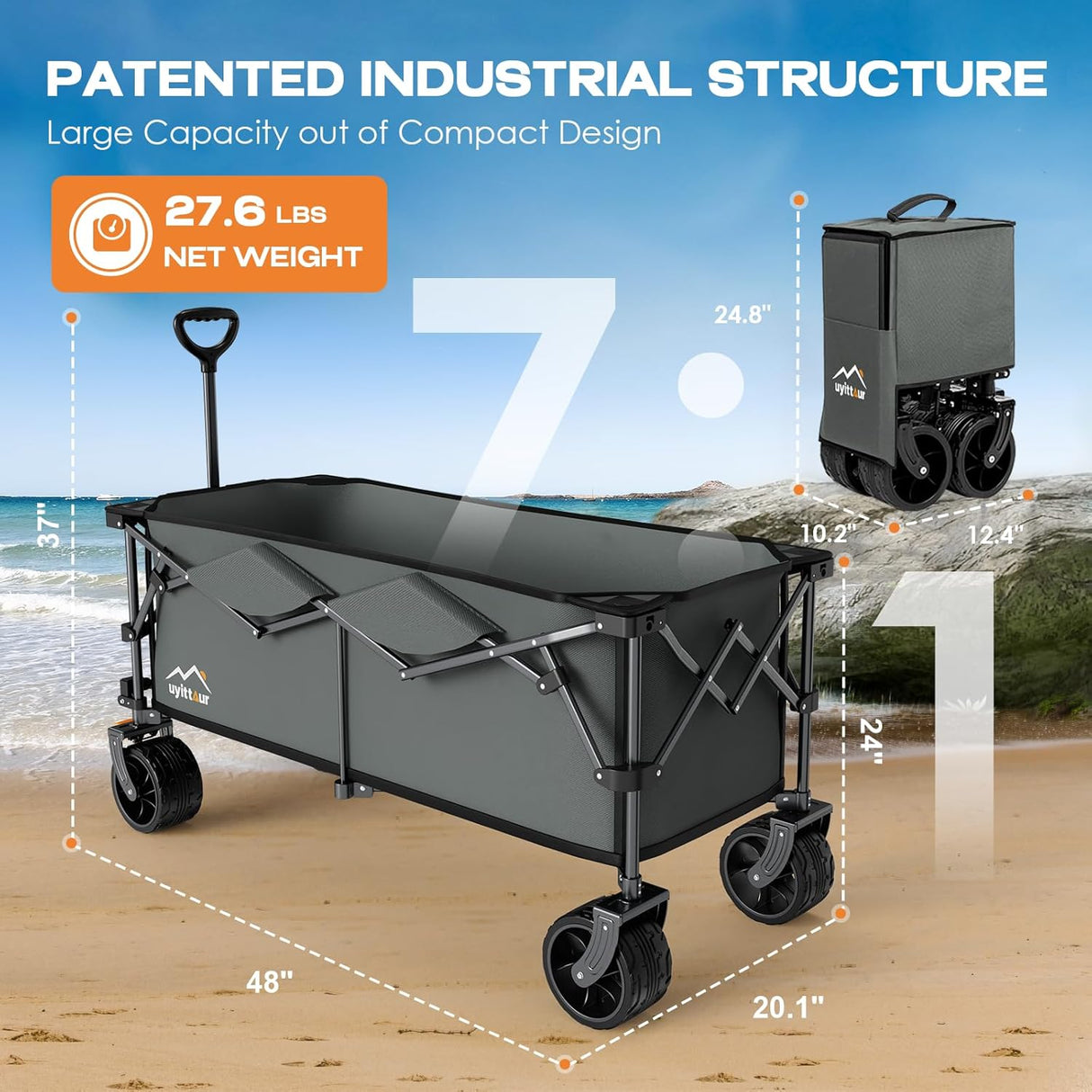 300L Extra Large Collapsible Foldable Wagon, 440lbs Load Capacity 48''L Extended Heavy Duty Folding Beach Wagon with Big