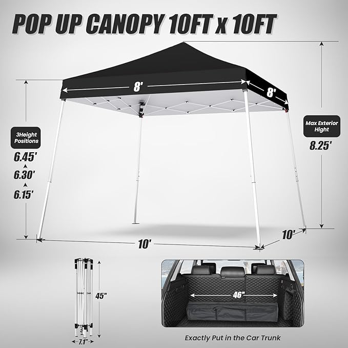 10x10 Pop Up Canopy, 300D Silver Coated Black Fabric Outdoor Gazebo, Beach Tent Slant Legs with Storage Bag,Easy Up Sun
