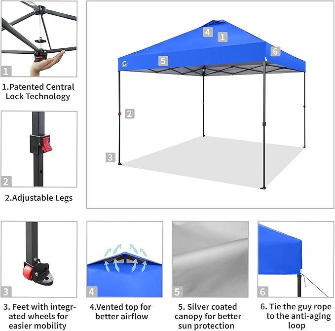 CROWN SHADES 10x10 Pop Up Canopy Tent - Patented Center Lock One Push Instant Outdoor Canopy Beach Tent with STO-N-Go Bag 8