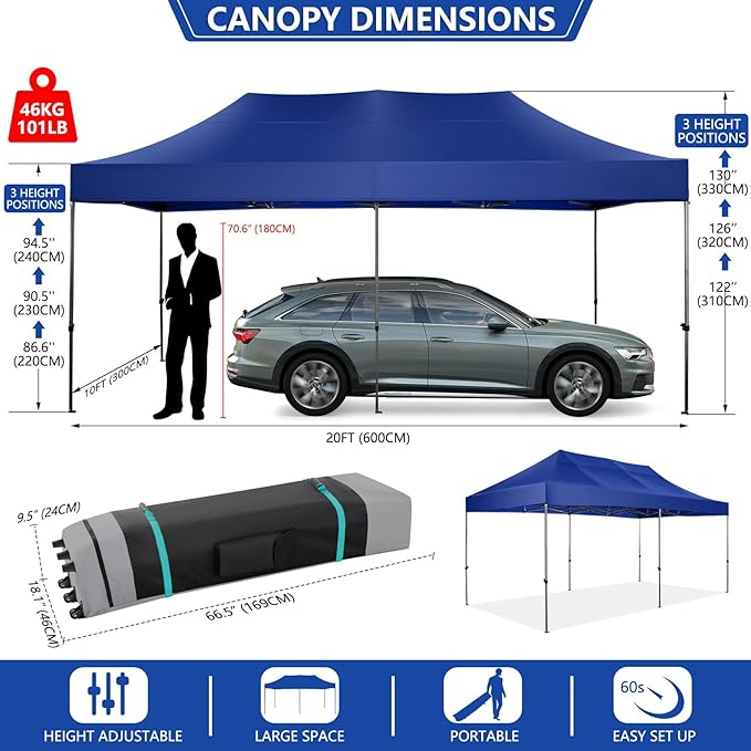 COBIZI 10x20 Pop up Canopy Heavy Duty Without Sidewalls, Easy Set-up Commercial Outdoor Party, 100% Waterproof Wedding