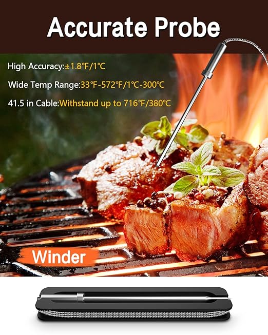 BFOUR Meat Thermometer Wireless Bluetooth, LCD Digital Meat Thermometer with Dual Probe, Wireless Remote BBQ Thermometer for
