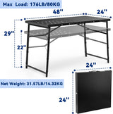 Skyflame Folding Camping Table with Adjustable Height Legs, Black Metal Portable Outdoor Grill Stand Table with Handle for