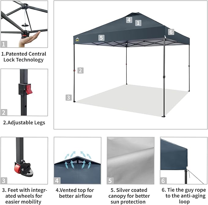 CROWN SHADES 10x10 Pop Up Canopy Tent - Patented Center Lock One Push Instant Outdoor Canopy Beach Tent with STO-N-Go Bag 8