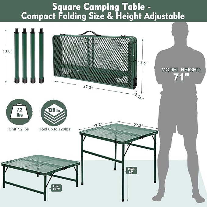 Square Folding Table, Easy for Storage, Compact and Portable Picnic Table for Grill, Outdoor Camping, Garden, Patio, Dining,