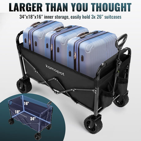 Large Collapsible Wagon Foldable for Beach, Yard, Grocery, Park, 34" x 18" Inner Storage. 300lb Heavy Duty Folding Utility