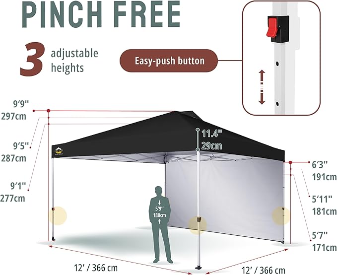CROWN SHADES 12x12 Pop Up Canopy Tent Instant Commercial with 150D Silver Coated Fabric Including 1 Removable Sidewall, 4