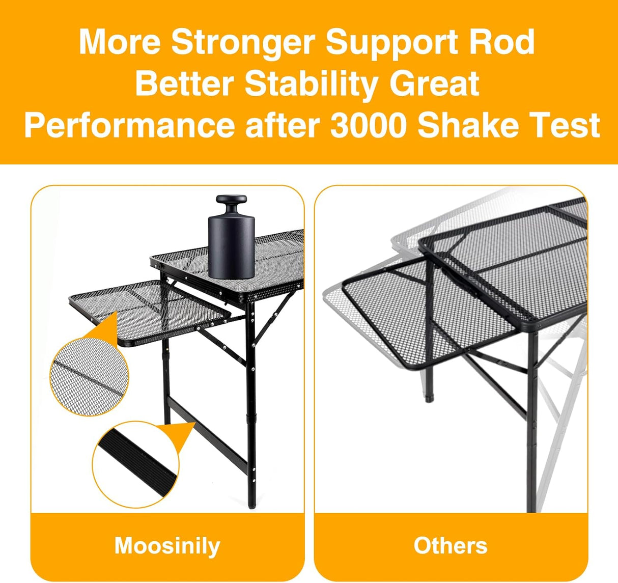 Grill Table Folding Table with 2 Wing Panels 4FT+1.77 FT with Mesh Desktop 3 Height Adjustable Portable Grill for Outdoor