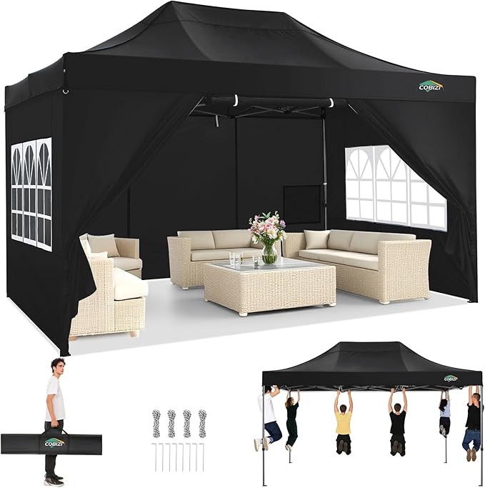COBIZI 10x15 Pop up Canopy Tent Heavy Duty with 4 Sidewalls, Easy Set-up Commercial Outdoor Party Tent, 100% Waterproof
