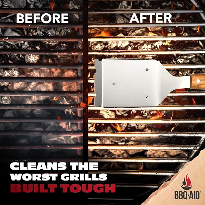 BBQ-AID Bristle Free Grill Brush and Scraper for Barbecue - Extended Large Wooden Handle With Replaceable Head - No Scratch