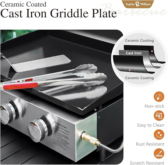 Sophia & William 22" Flat Top Grill with Lid & Ceramic Coated Cast Iron Pan, 3-Burner Portable Tabletop Gas Propane Griddle