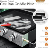 Sophia & William 22" Flat Top Grill with Lid & Ceramic Coated Cast Iron Pan, 3-Burner Portable Tabletop Gas Propane Griddle