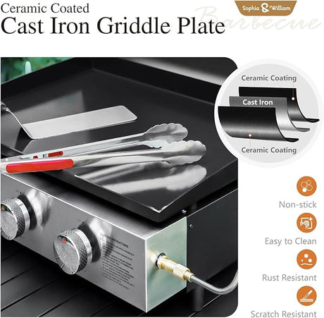 Sophia & William 22" Flat Top Grill with Lid & Ceramic Coated Cast Iron Pan, 3-Burner Portable Tabletop Gas Propane Griddle