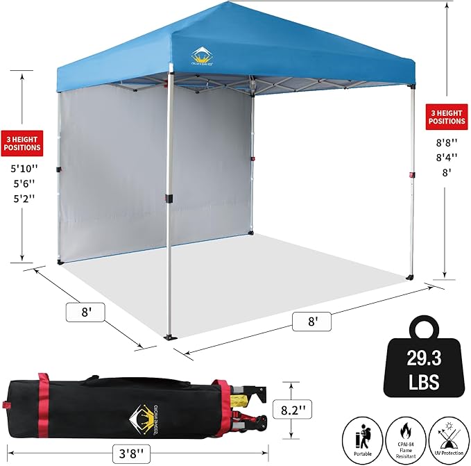 CROWN SHADES 8x8 Pop Up Canopy with 1 Side Wall - Beach Tent with One Push Setup - Outdoor Sun Shade for Events, Parties,