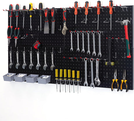 48x24 inch Black Metal Pegboard Kit for Wall Organization with Hooks, Garage Storage Bins, and Utility Tool Board, Efficient