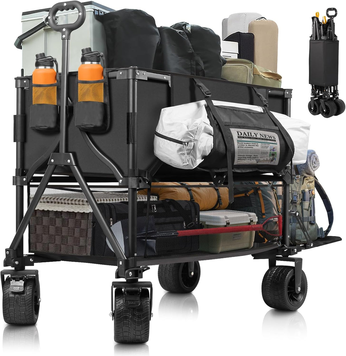 Double Decker Wagon Heavy Duty Collapsible, 600LBS 400L Capacity Foldable Utility Cart with Big Wheels for Beach, Outdoor,