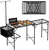 Folding Table with Sink and Double Shelf, Camping Table Height Adjustable Folding Grill Table, Portable Outdoor Table for