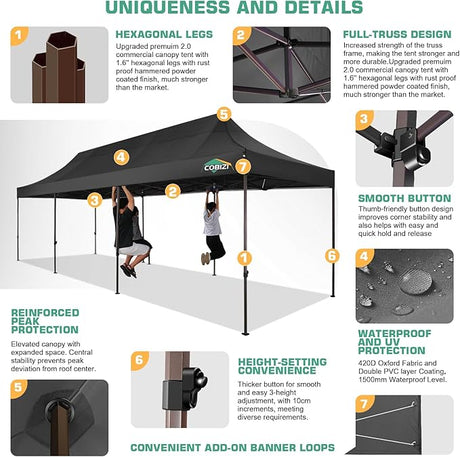 COBIZI 10x30 Pop Up Canopy Tent Heavy Duty with 8 Removable Sidewalls, Commercial Portable Tents for Parties Ez Up Canopy