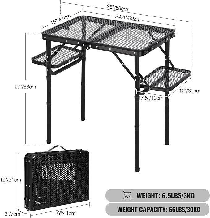 REDCAMP 35x16 Folding Grill Table for Outside with 2 Side Tables, 4 Adjustable Heights Portable Small Stand Table for