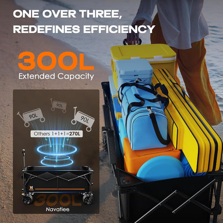 Navatiee 300L Extra Large Collapsible Wagon Cart Foldable, 48''L Extended Heavy Duty Folding Beach Wagon with 440LBS Weight