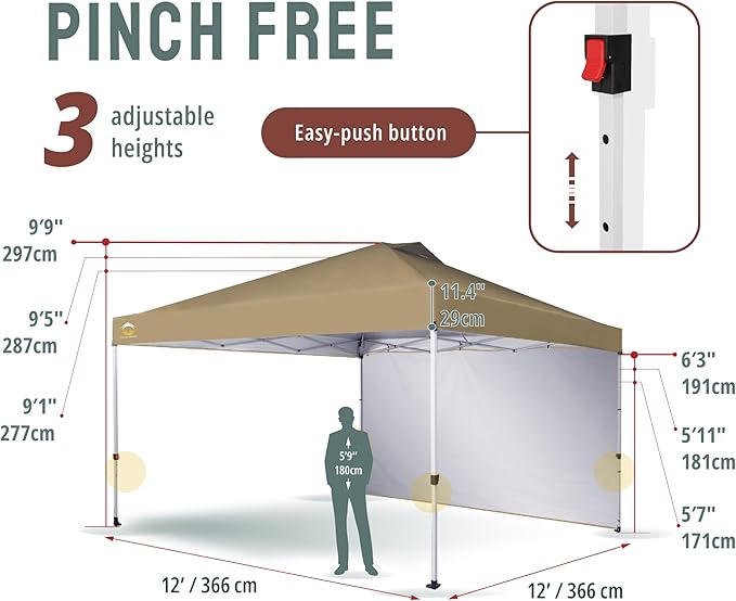 CROWN SHADES 12x12 Pop Up Canopy Tent Instant Commercial with 150D Silver Coated Fabric Including 1 Removable Sidewall, 4
