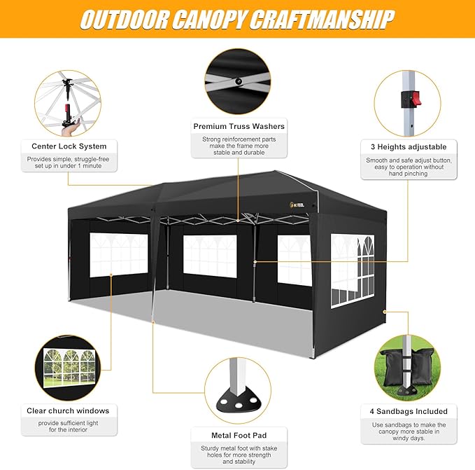 HOTEEL 10x20 Pop up Canopy with 6 Sidewalls, One Push Instant Setup Outdoor Canopy Tent with Reinforce Rod, Weight Bag, for