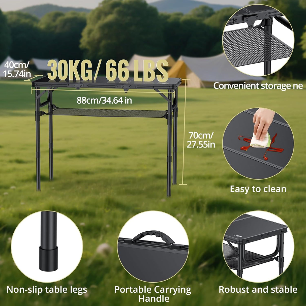 Folding Camping Table with Storage Net, 3ft Camping Table Aluminum Folding Table with 3 Adjustable Height Max 27.5 Inch