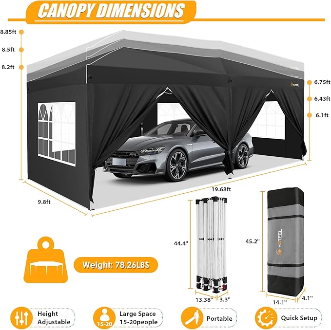 HOTEEL 10x20 Pop up Canopy with 6 Sidewalls, One Push Instant Setup Outdoor Canopy Tent with Reinforce Rod, Weight Bag, for