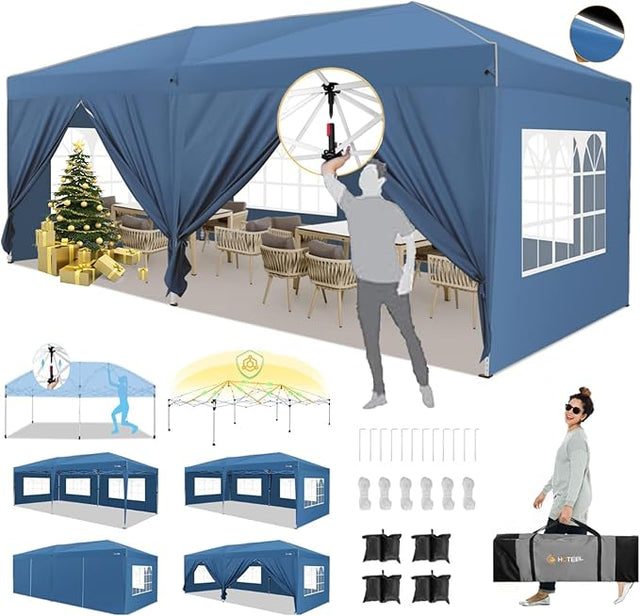 HOTEEL 10x20 Pop up Canopy with 6 Sidewalls, One Push Instant Setup Outdoor Canopy Tent with Reinforce Rod, Weight Bag, for
