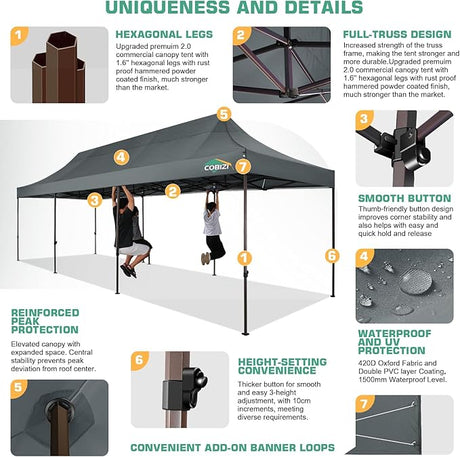 COBIZI 10x30 Pop Up Canopy Tent Heavy Duty with 8 Removable Sidewalls, Commercial Portable Tents for Parties Ez Up Canopy
