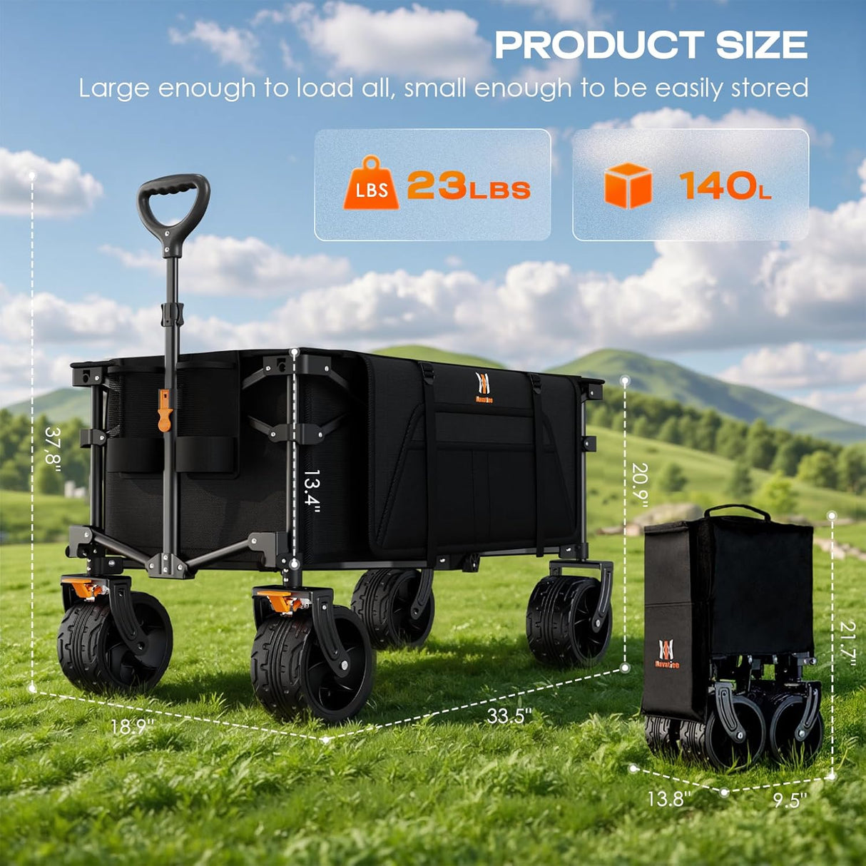 Navatiee Big Wheels Collapsible Wagon Cart Foldable, Heavy Duty Beach Wagon with Silent All-Terrain Wheels, Folding Utility