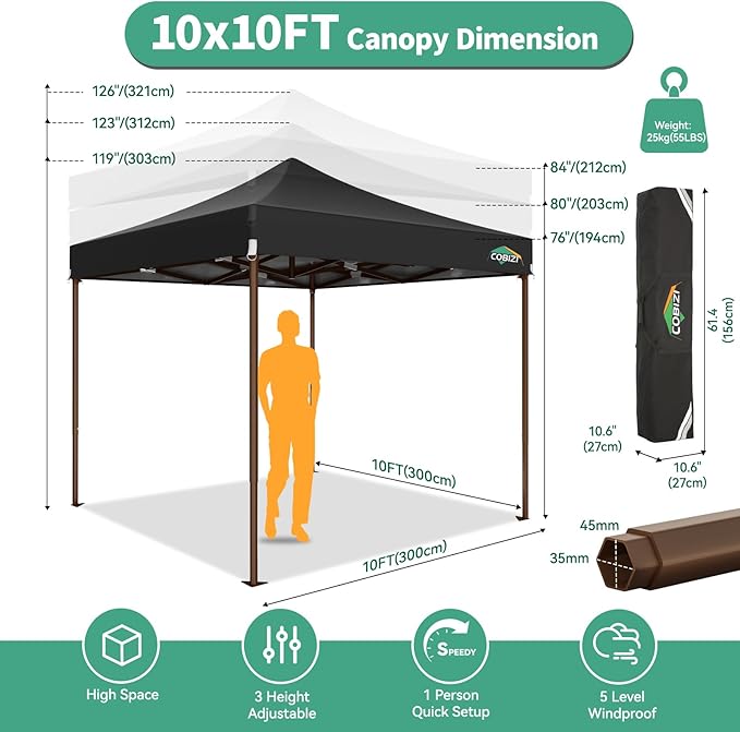 COBIZI 10x10 Pop Up Canopy Tent Heavy Duty with 4 Sidewall, Commercial Outdoor Easy Pop Up Gazebo for Party Wedding All