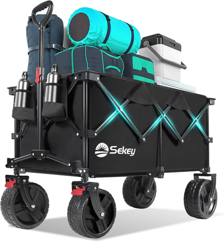 Collapsible Wagon Cart with Big All-Terrain Beach Wheels, Foldable Heavy Duty Wagons with Cup Holders, Utility Carts for