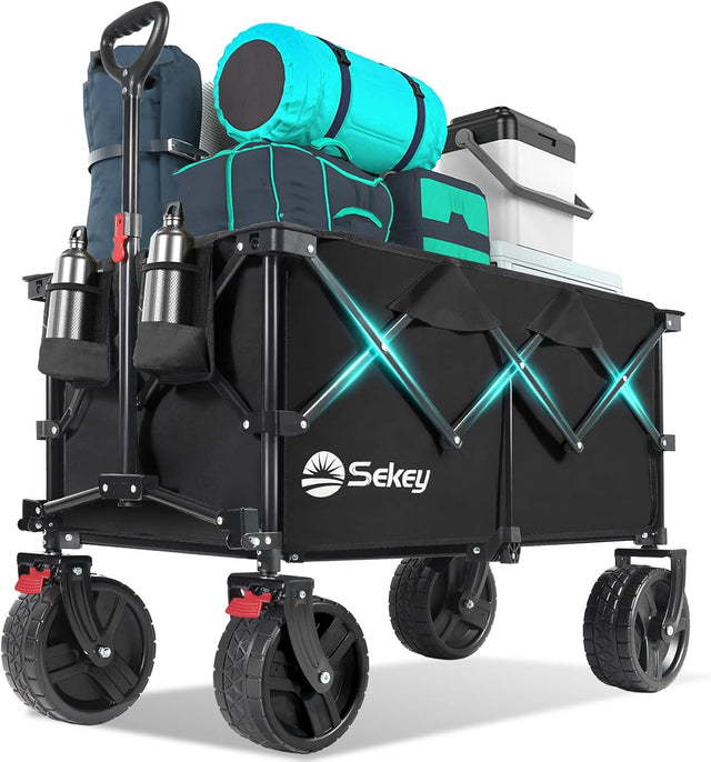 Collapsible Wagon Cart with Big All-Terrain Beach Wheels, Foldable Heavy Duty Wagons with Cup Holders, Utility Carts for