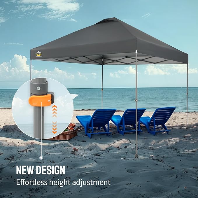 CROWN SHADES Adjustable Height on The Fly, 10x10 Pop Up Canopy - Beach Tent with One Push Setup - Easy Outdoor Sun Shade for