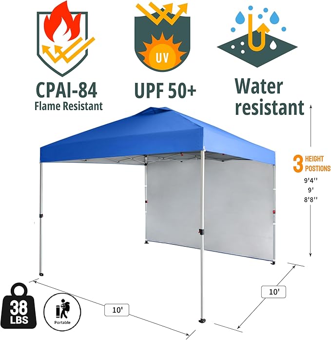 CROWN SHADES 10x10 Pop Up Canopy with 1 Side Wall - Beach Tent with One Push Setup - Outdoor Sun Shade for Events, Parties,