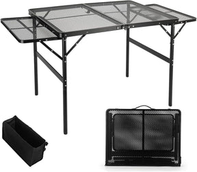 Grill Table Folding Table with 2 Wing Panels 3FT+1.4 FT with with 1×2/5 L Storage Bag Mesh Desktop 2 Height Adjustable