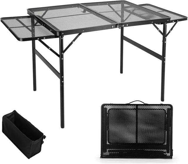 Grill Table Folding Table with 2 Wing Panels 3FT+1.4 FT with with 1×2/5 L Storage Bag Mesh Desktop 2 Height Adjustable