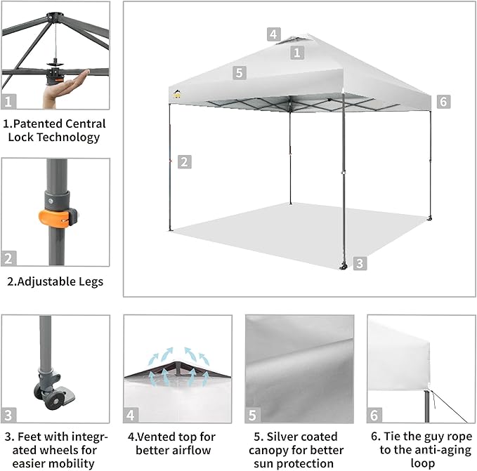 CROWN SHADES Adjustable Height on The Fly, 10x10 Pop Up Canopy - Beach Tent with One Push Setup - Easy Outdoor Sun Shade for