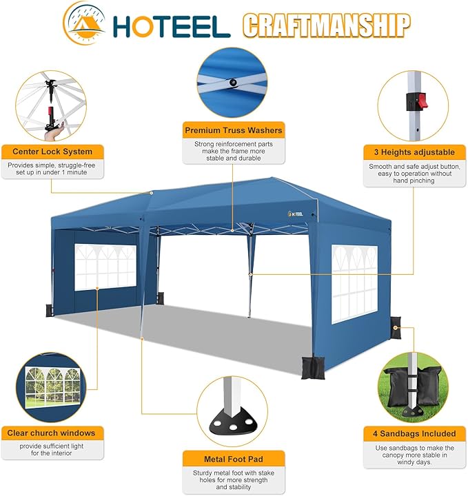HOTEEL 10x20 Pop up Canopy with 6 Sidewalls, One Push Instant Setup Outdoor Canopy Tent with Reinforce Rod, Weight Bag, for