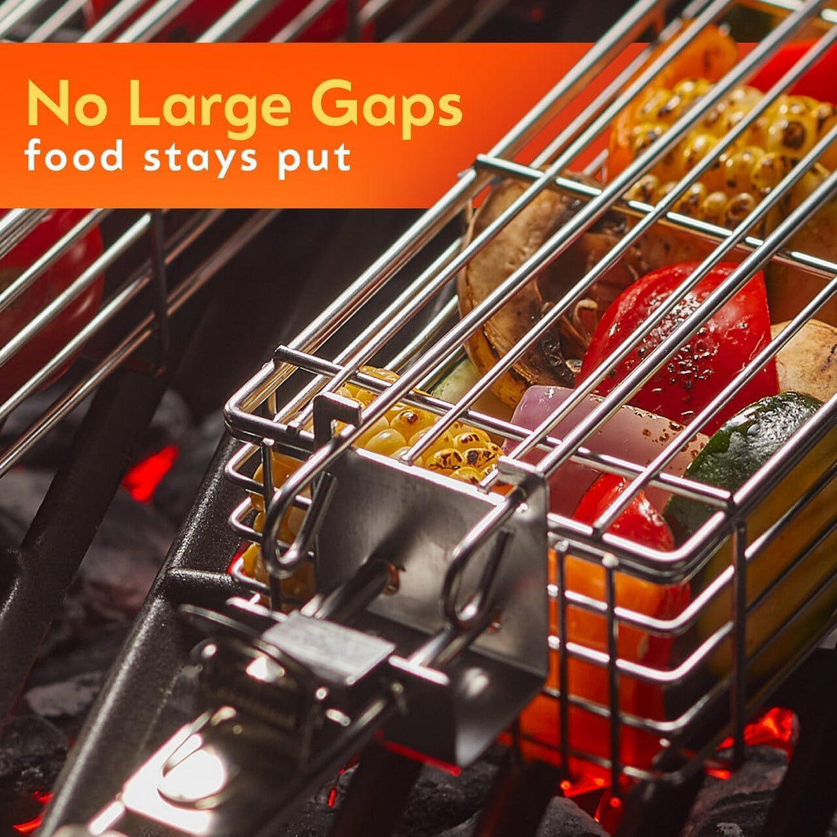 Kabob Grilling Baskets - Set of 3 Stainless Steel BBQ Baskets (12" x 2" x 2") with Removable Handle and Latching Lid - Great