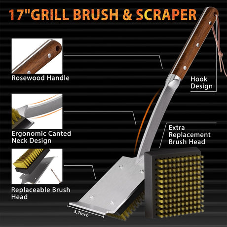 ENLOY Grill Brush and Scraper for Barbecue, 17" Grill Brush for Outdoor Grill, Extended Rosewood Handle and 2 Replaceable