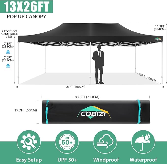 COBIZI 13x26 Pop Up Tent Heavy Duty Canopy with Removable Sidewalls Party Tent Outdoor Wedding Large Event Tent with Roller