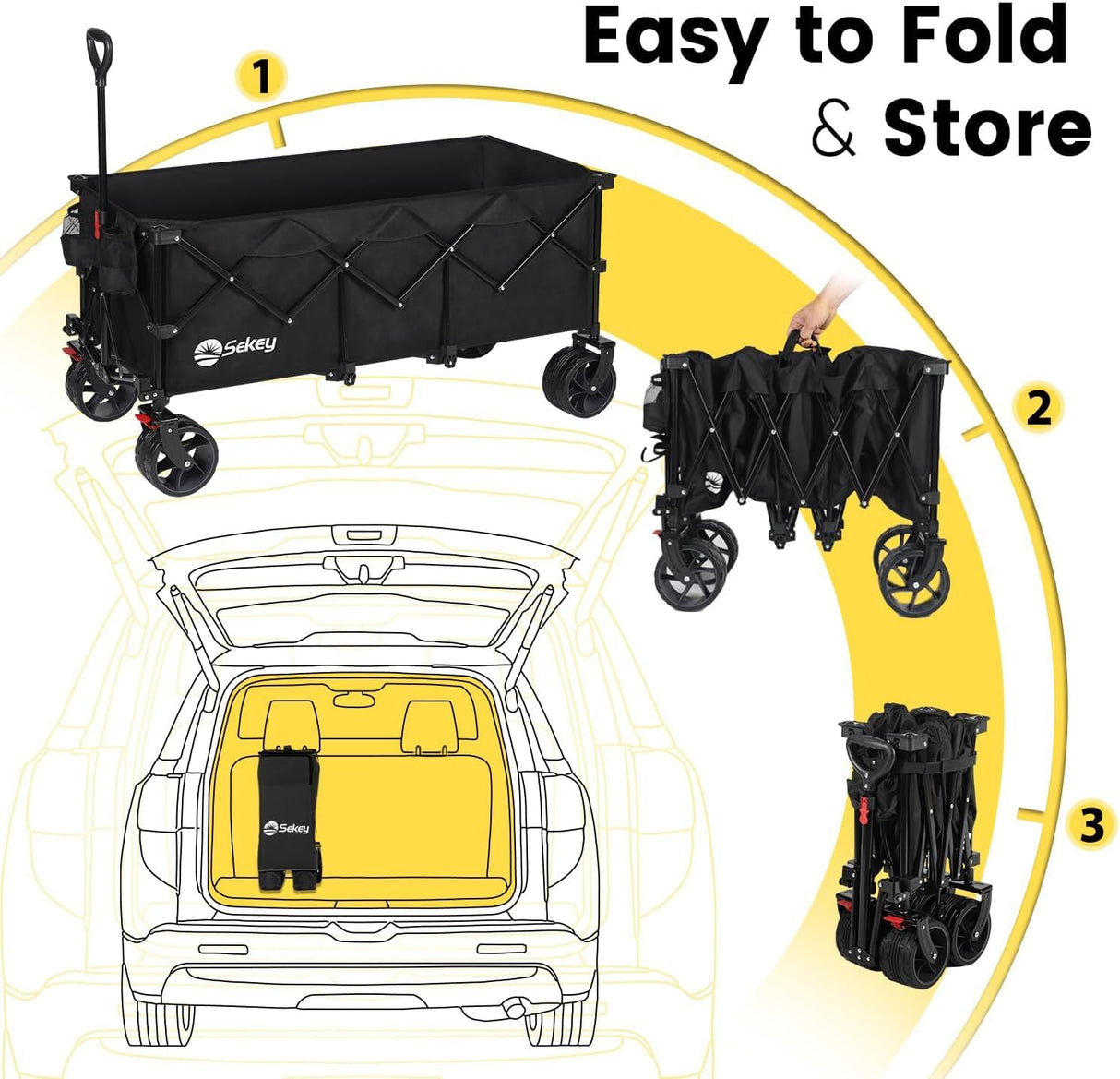 Sekey 48''L Collapsible Foldable Extended Wagon with 440lbs Weight Capacity, Heavy Duty 300L Folding Utility Garden Cart