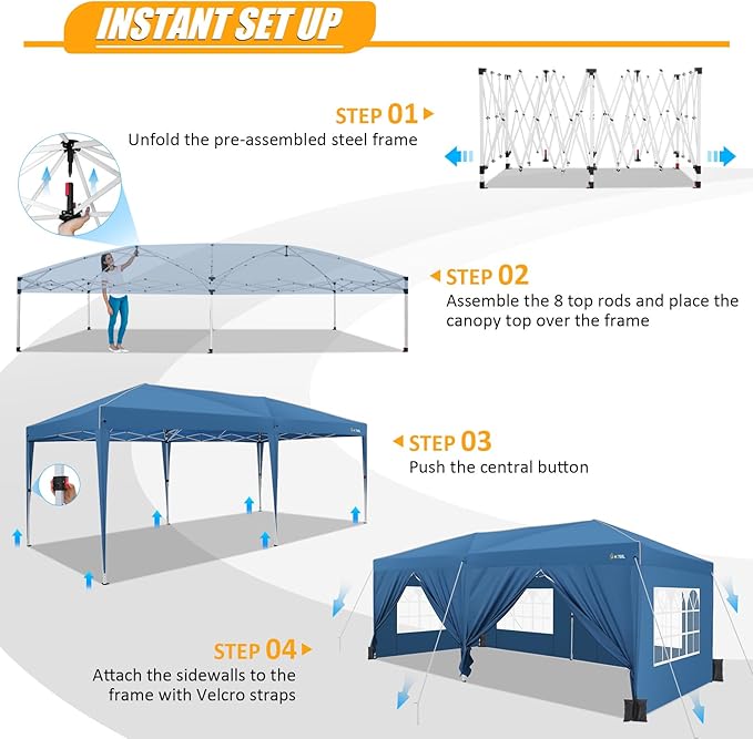 HOTEEL 10x20 Pop up Canopy with 6 Sidewalls, One Push Instant Setup Outdoor Canopy Tent with Reinforce Rod, Weight Bag, for