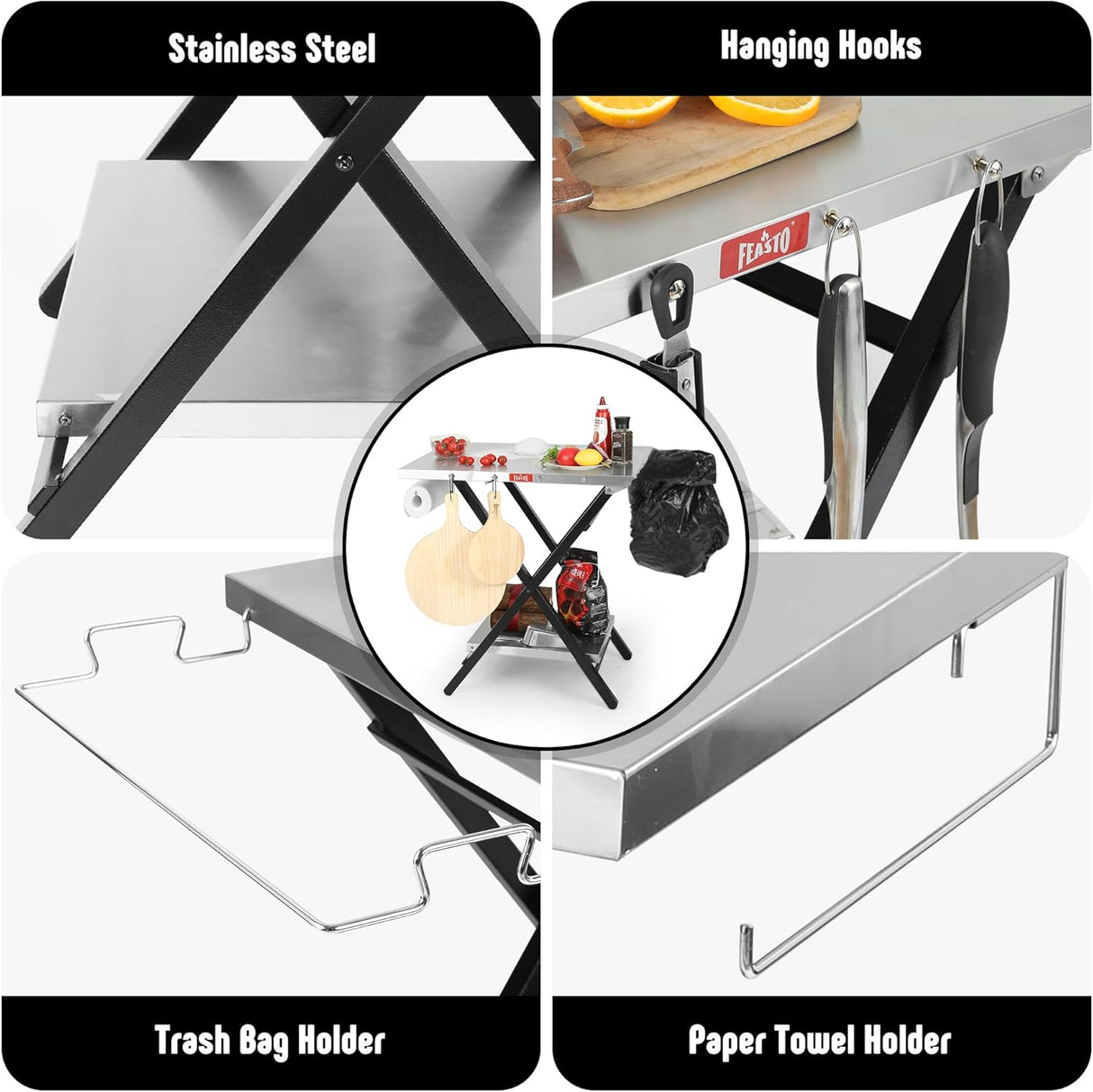 Outdoor Grill Table, Foldable Pizza Oven Stand & Blackstone Griddle Stand with Garage Rack & Tissue Holder, Folding Outdoor