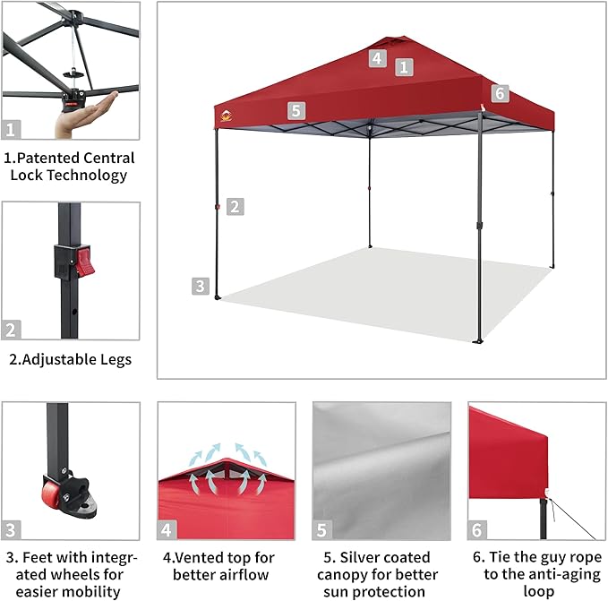 CROWN SHADES 10x10 Pop Up Canopy Tent - Patented Center Lock One Push Instant Outdoor Canopy Beach Tent with STO-N-Go Bag 8