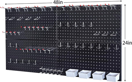 48x24 inch Black Metal Pegboard Kit for Wall Organization with Hooks, Garage Storage Bins, and Utility Tool Board, Efficient