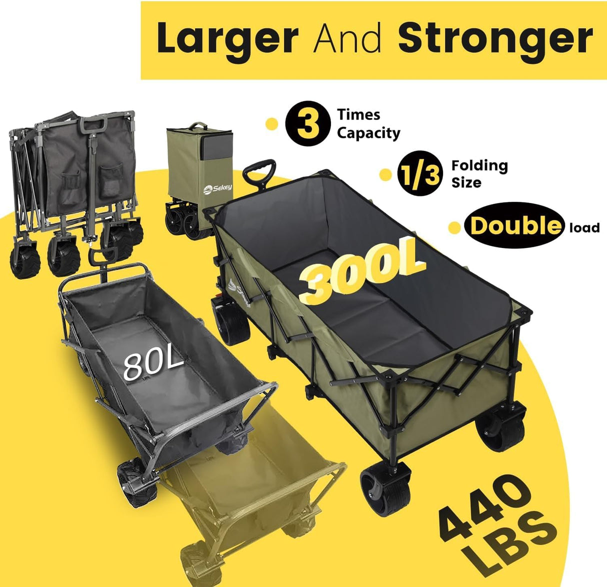 Sekey 48''L Collapsible Foldable Extended Wagon with 440lbs Weight Capacity, Heavy Duty 300L Folding Utility Garden Cart