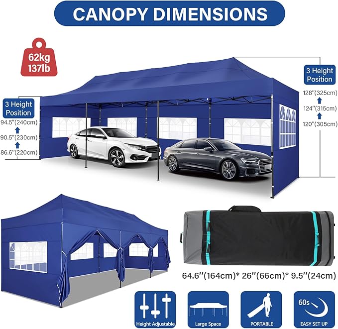 COBIZI 10x30 Pop up Canopy Heavy Duty with 8 Sidewalls, Easy Set-up Commercial Outdoor Party, 100% Waterproof Wedding Canopy