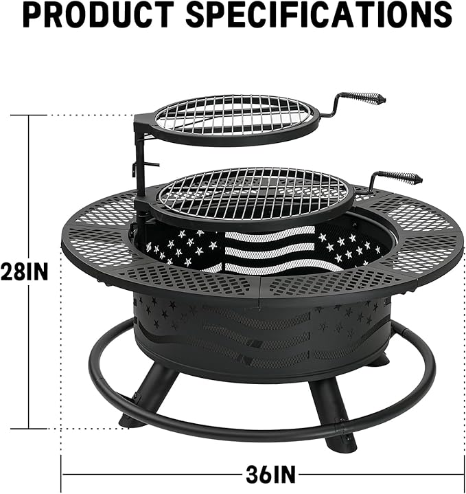 36 Inch Fire Pit with 2 Cooking Grates, Outdoor Wood Burning BBQ Grill Firepit Bowl with Cover Lid, Steel Round Table for
